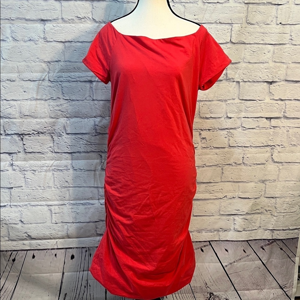 Boden Dress Ruched Sides Jersey Fabric Boat Neck Short Sleeves Size 14